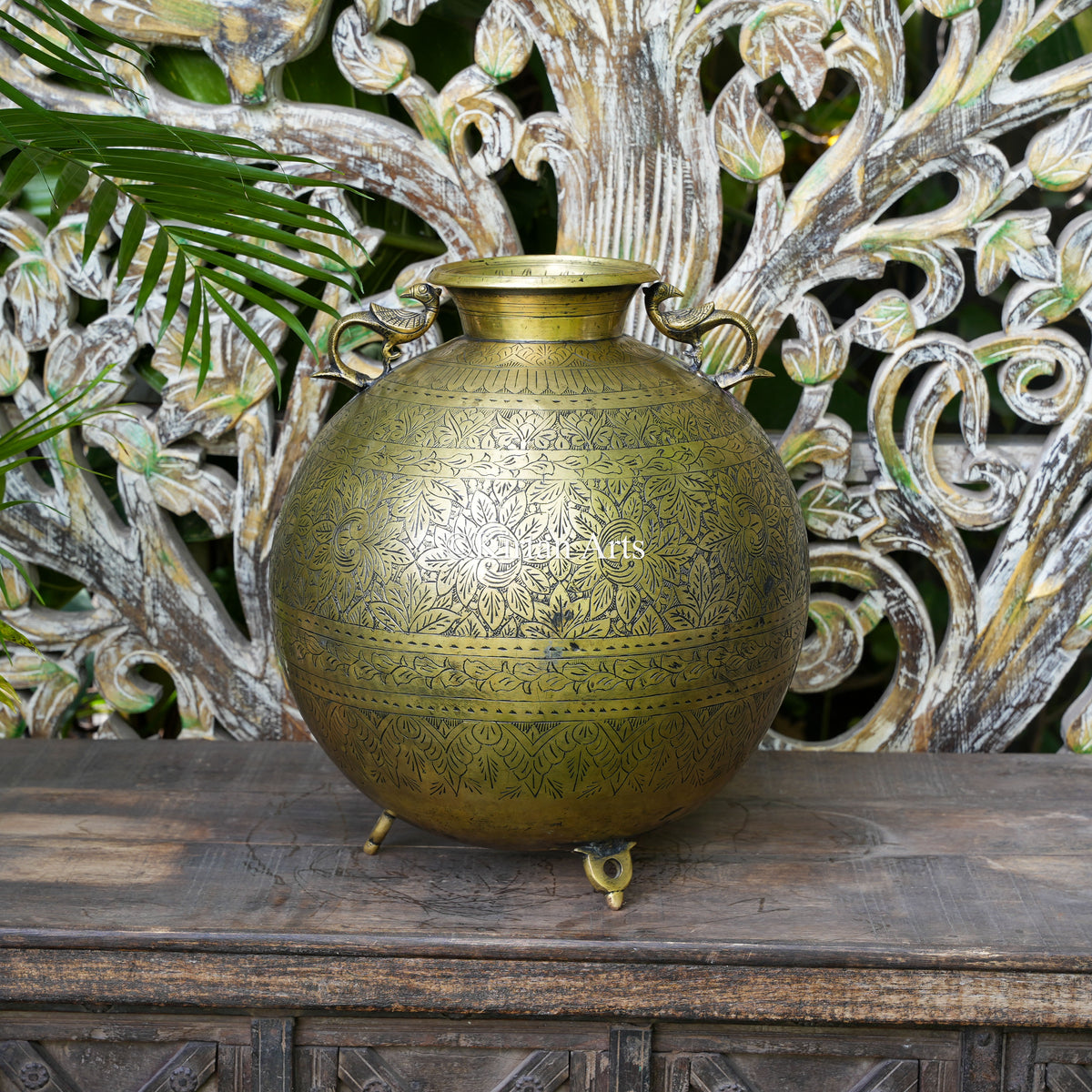 Brass Vintage Carved Globe Planter with Peacock Handles 16.5"