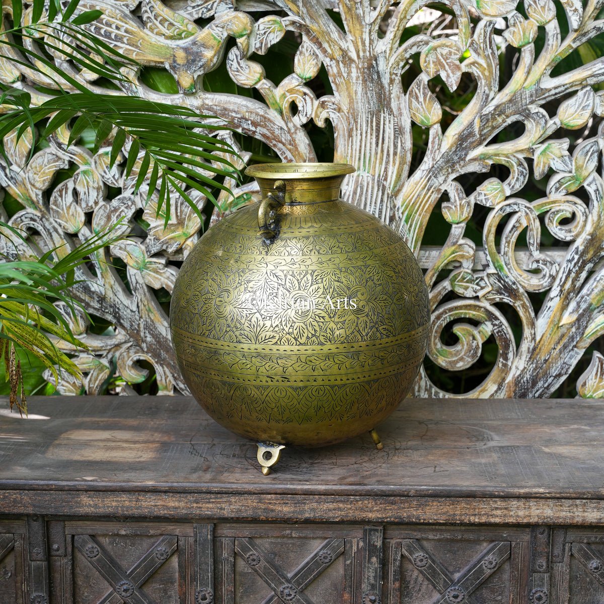 Brass Vintage Carved Globe Planter with Peacock Handles 16.5"