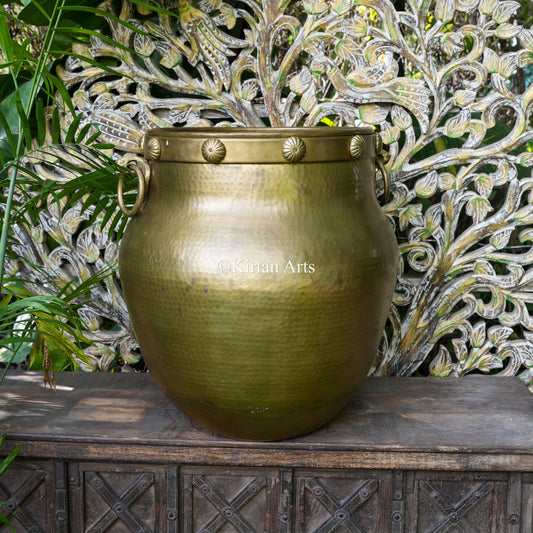 Large Hammered Brass Planter with Rosette Rim and Ring Handles 24"