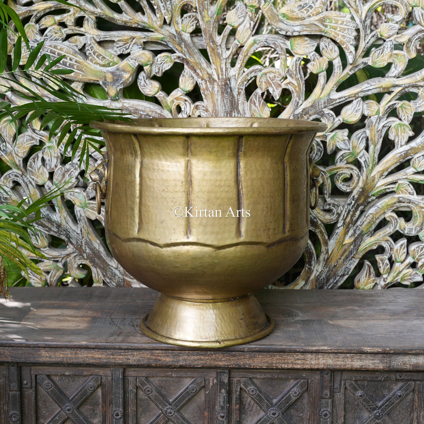 Large Hammered Brass Planter with Lion Handles 18"