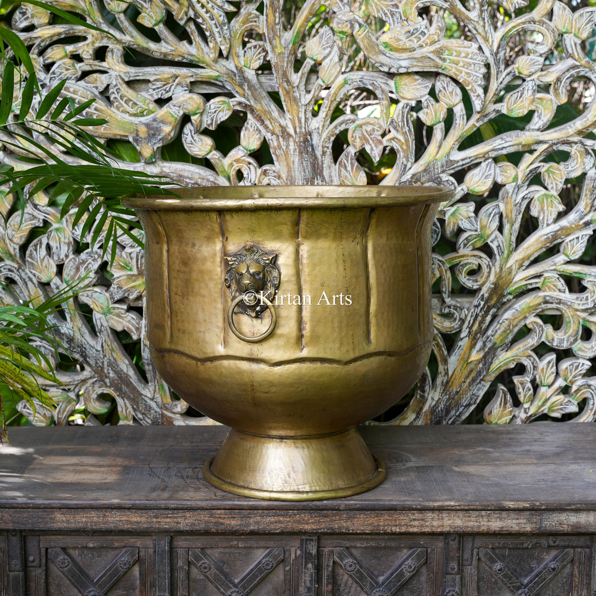Large Hammered Brass Planter with Lion Handles 18"