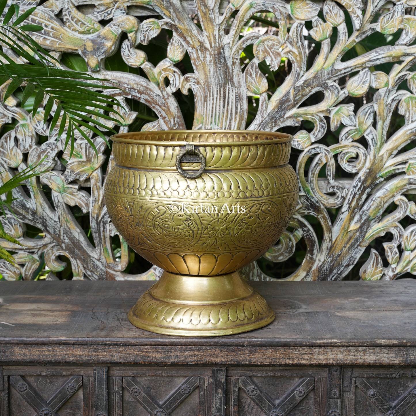 Brass Vintage Carved Pedestal Urn with Peacock Medallions 15" | Lightweight