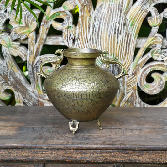 Brass Vintage Carved Planter with Peacock Handles 10"