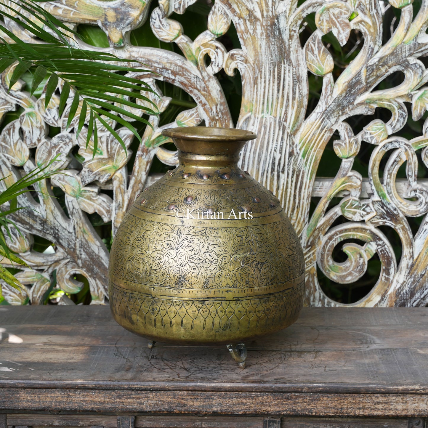 Brass Vintage Carved Beehive Planter with Copper Rivets 15"