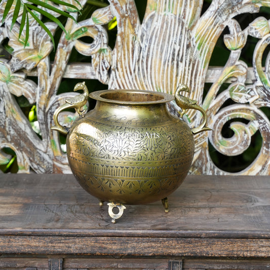 Brass Vintage Carved Planter with Peacock Handles 10"