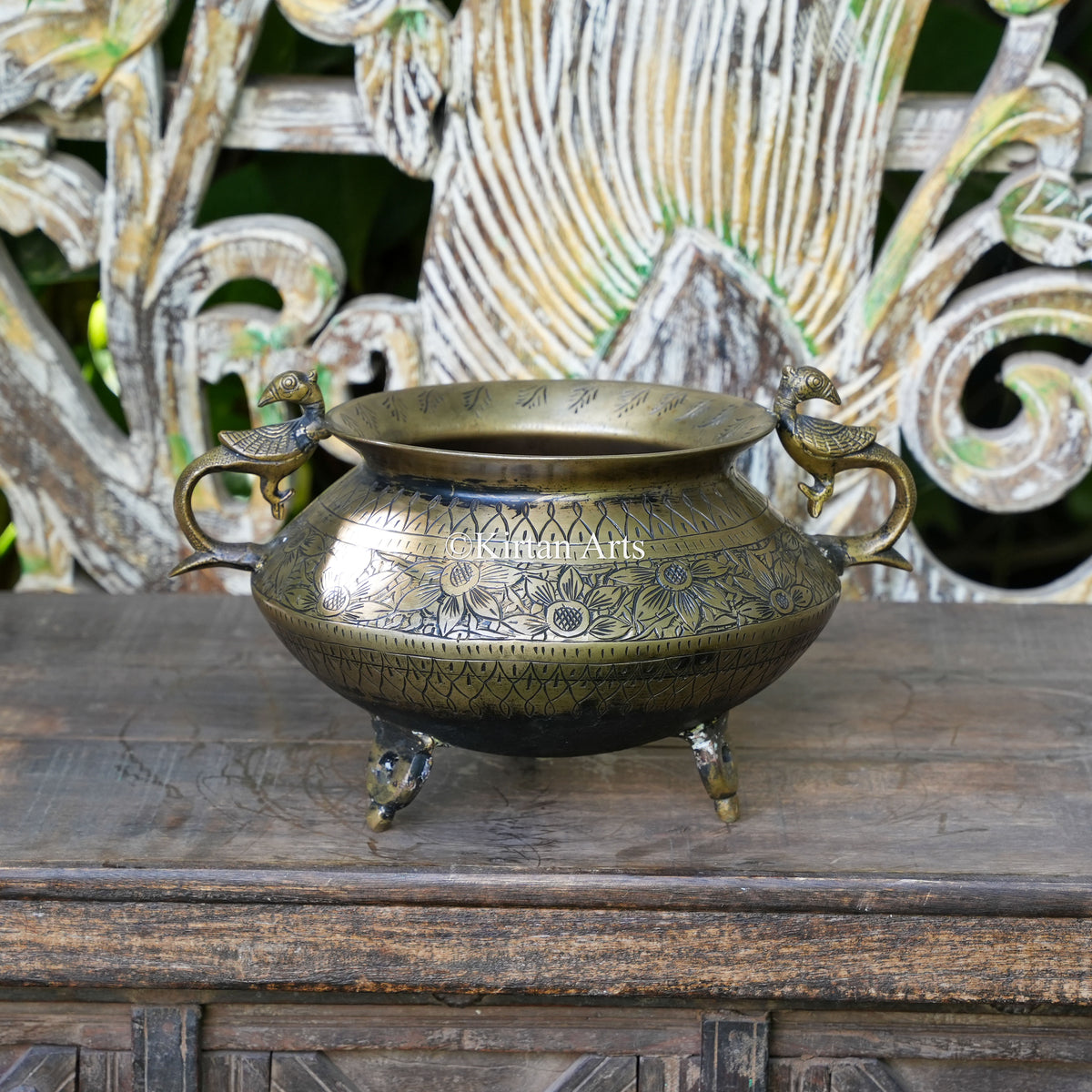 Brass Vintage Carved Bowl Planter with Peacock Handles 7"
