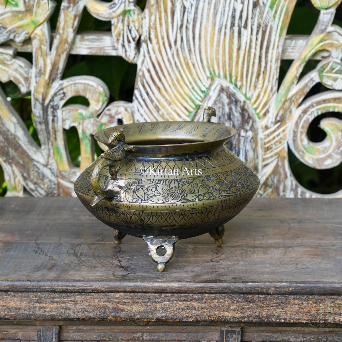 Brass Vintage Carved Bowl Planter with Peacock Handles 7"