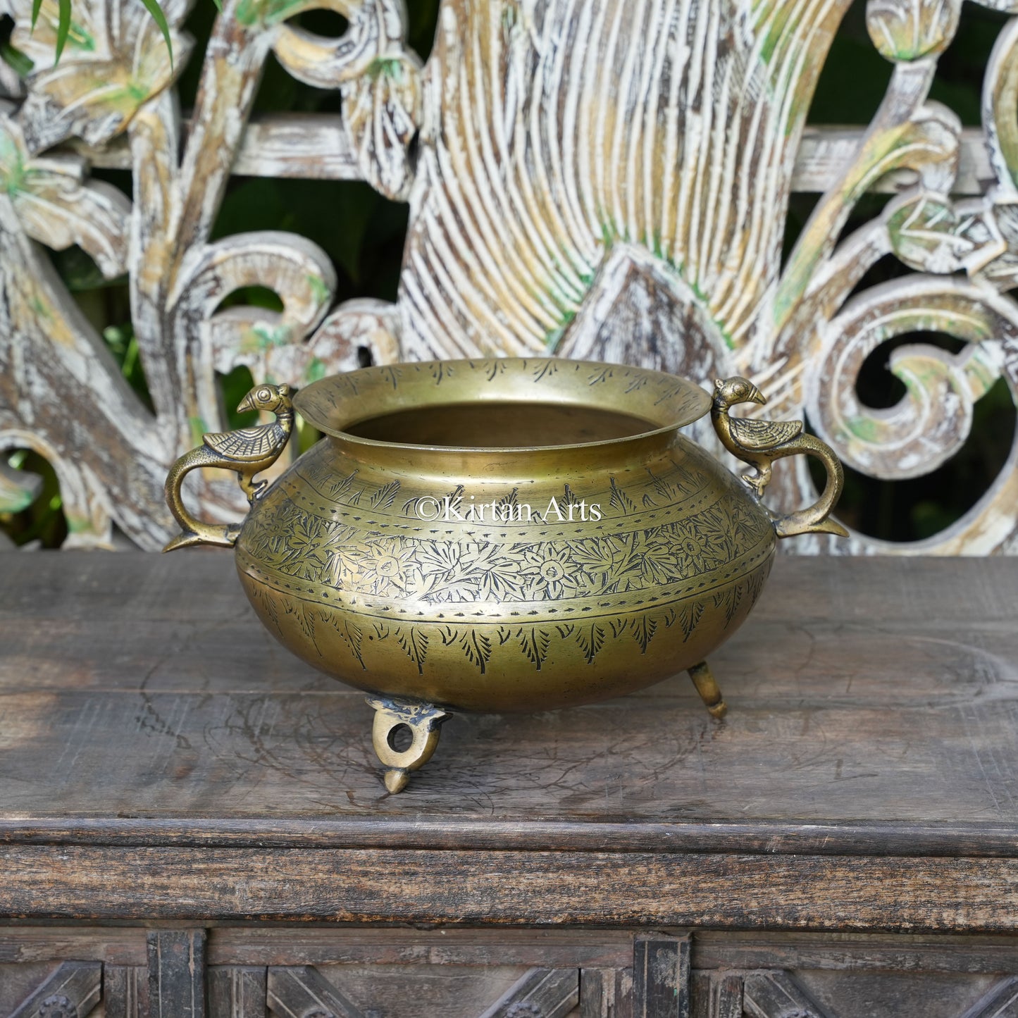 Brass Vintage Carved Bowl Planter with Peacock Handles 7"