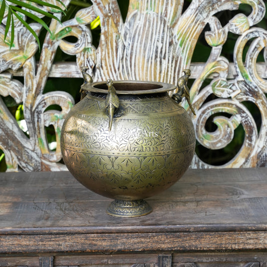 Brass Vintage Carved Globe Planter with Peacock Figures 11"