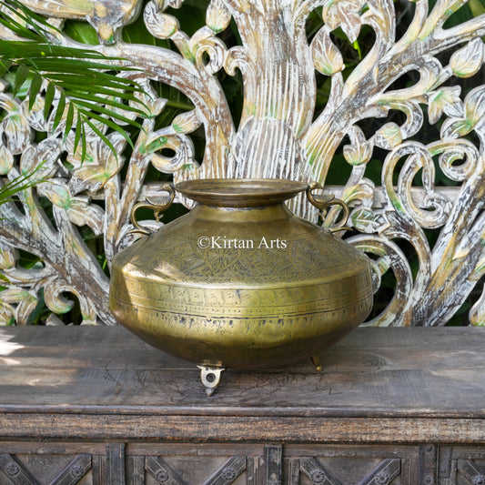 Brass Vintage Carved Wide-Rim Planter with Peacock Handles 12"