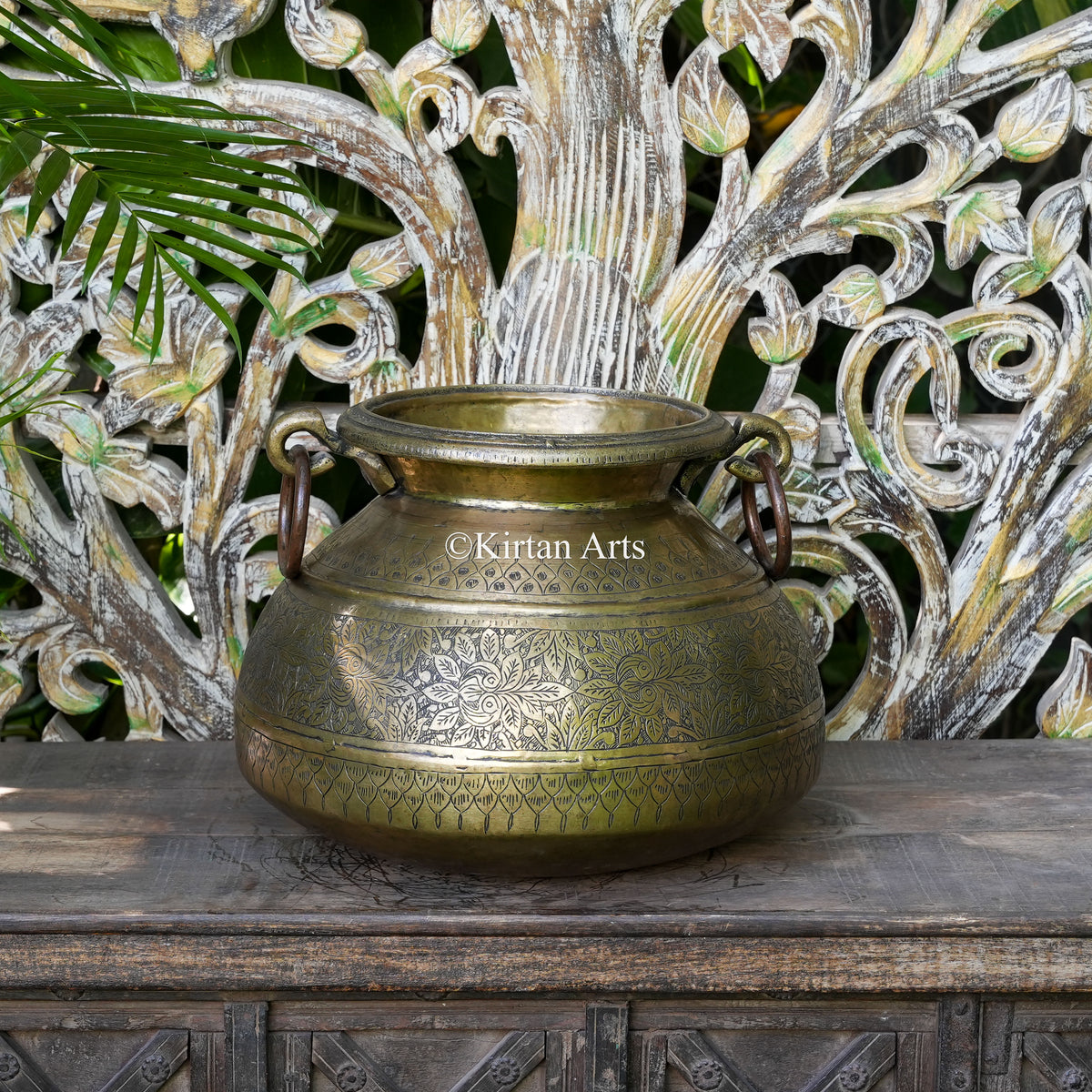 Brass Vintage Carved Handi Planter with Ring Handles 12"