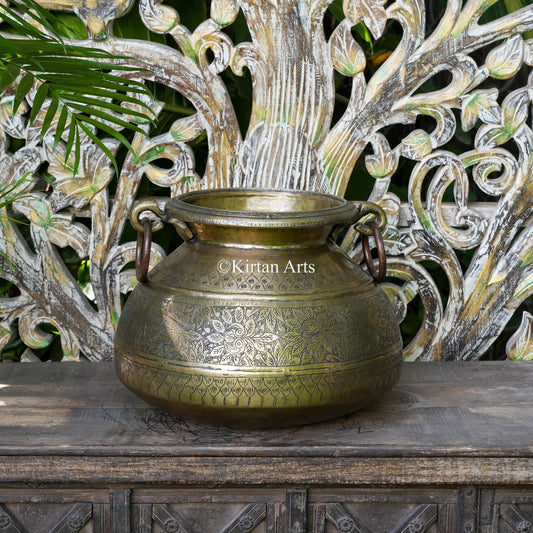 Brass Vintage Carved Handi Planter with Ring Handles 12"
