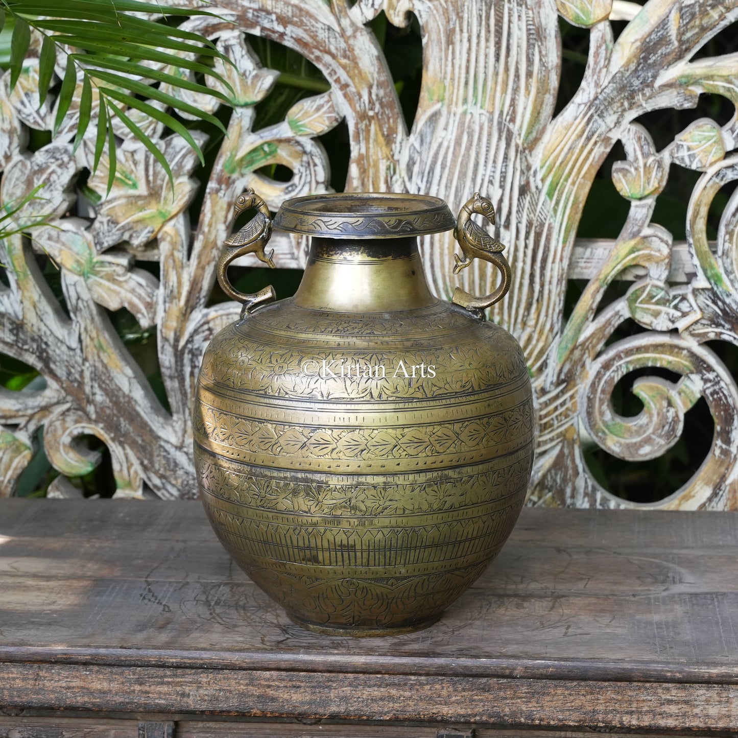 Brass Vintage Carved Tall Urn with Peacock Handles 13"