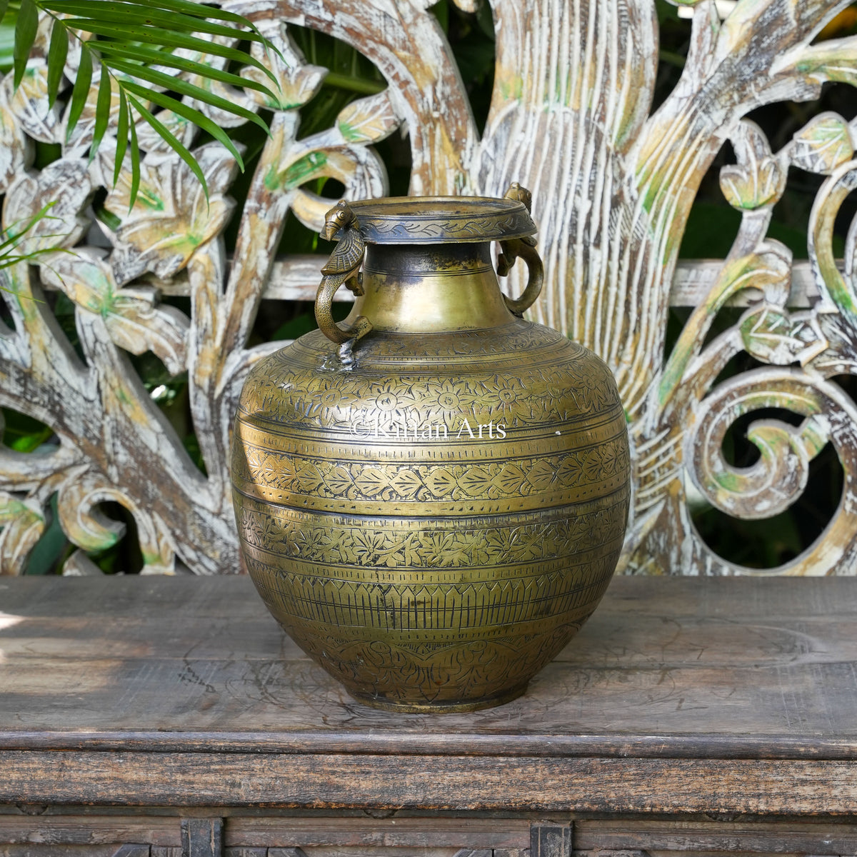 Brass Vintage Carved Tall Urn with Peacock Handles 13"