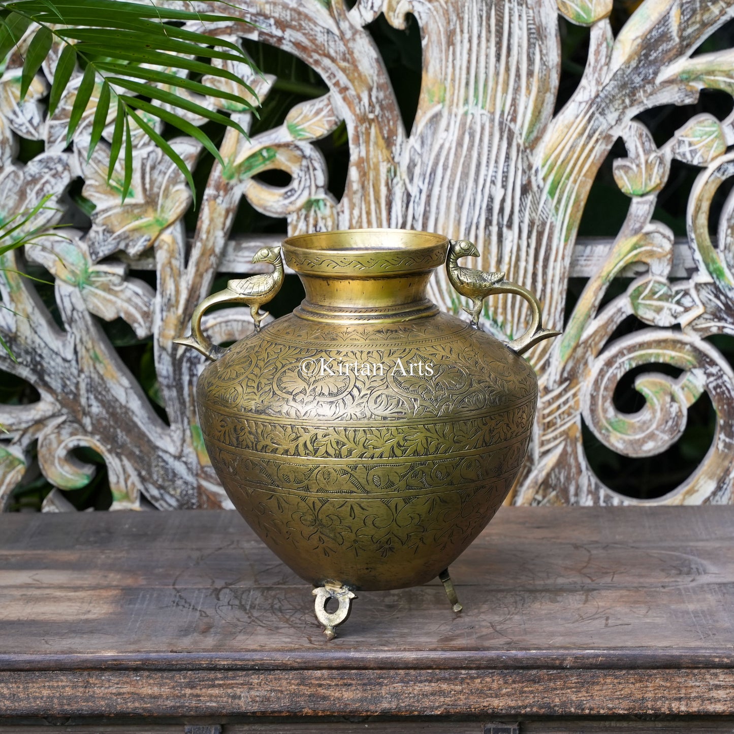 Brass Vintage Carved Planter with Peacock Handles 12"