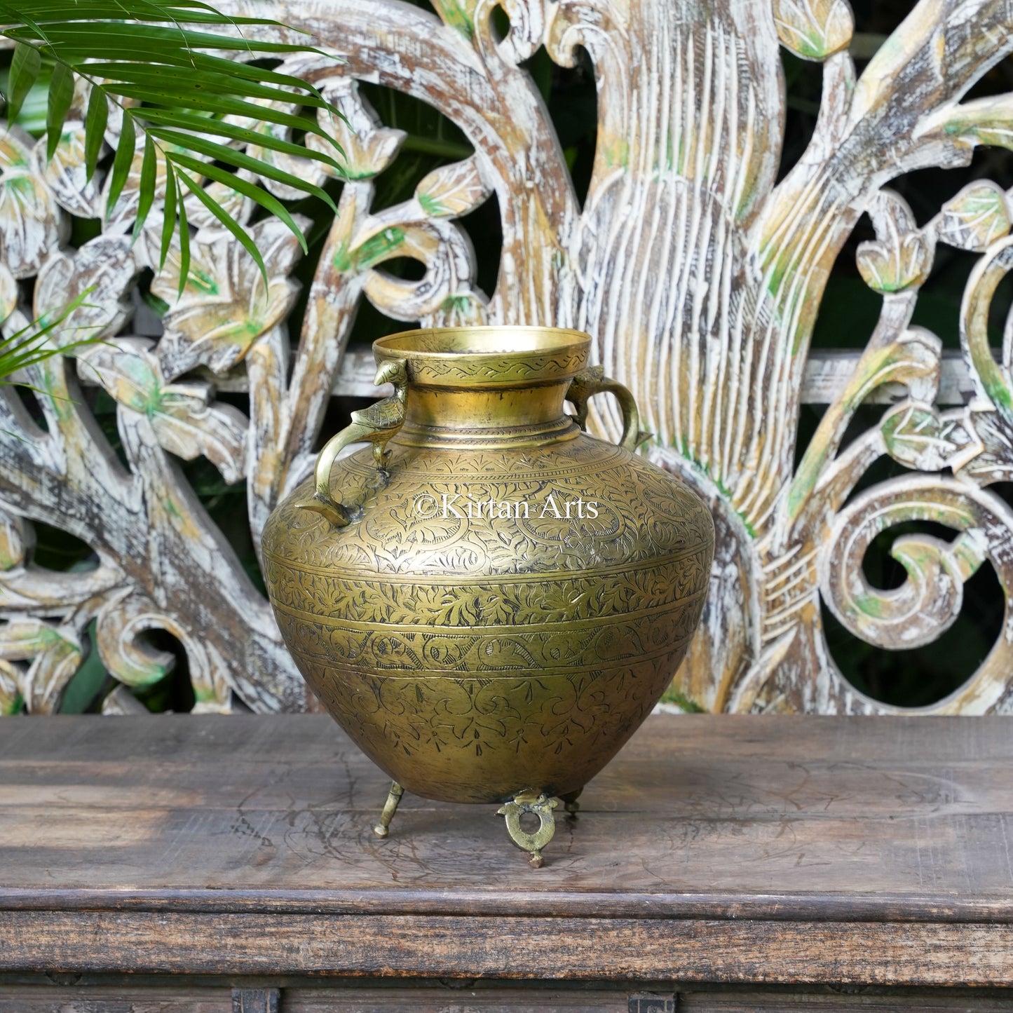Brass Vintage Carved Planter with Peacock Handles 12"