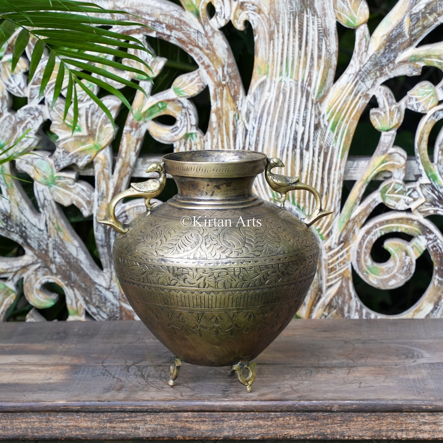 Brass Vintage Carved Planter with Peacock Handles 12"