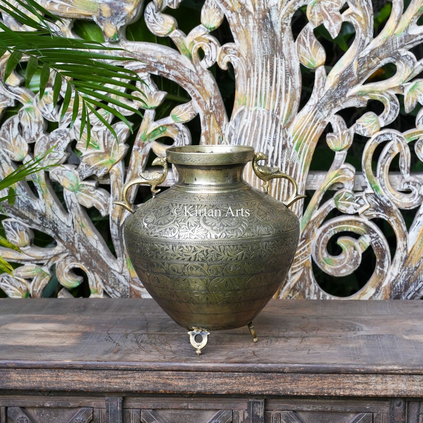 Brass Vintage Carved Planter with Peacock Handles 13"