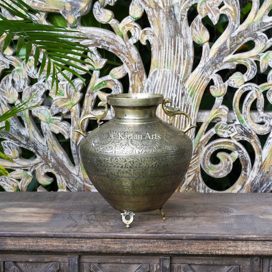 Brass Vintage Carved Planter with Peacock Handles 13"