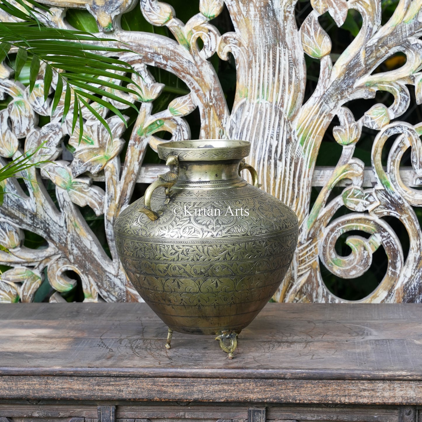 Brass Vintage Carved Planter with Peacock Handles 13"