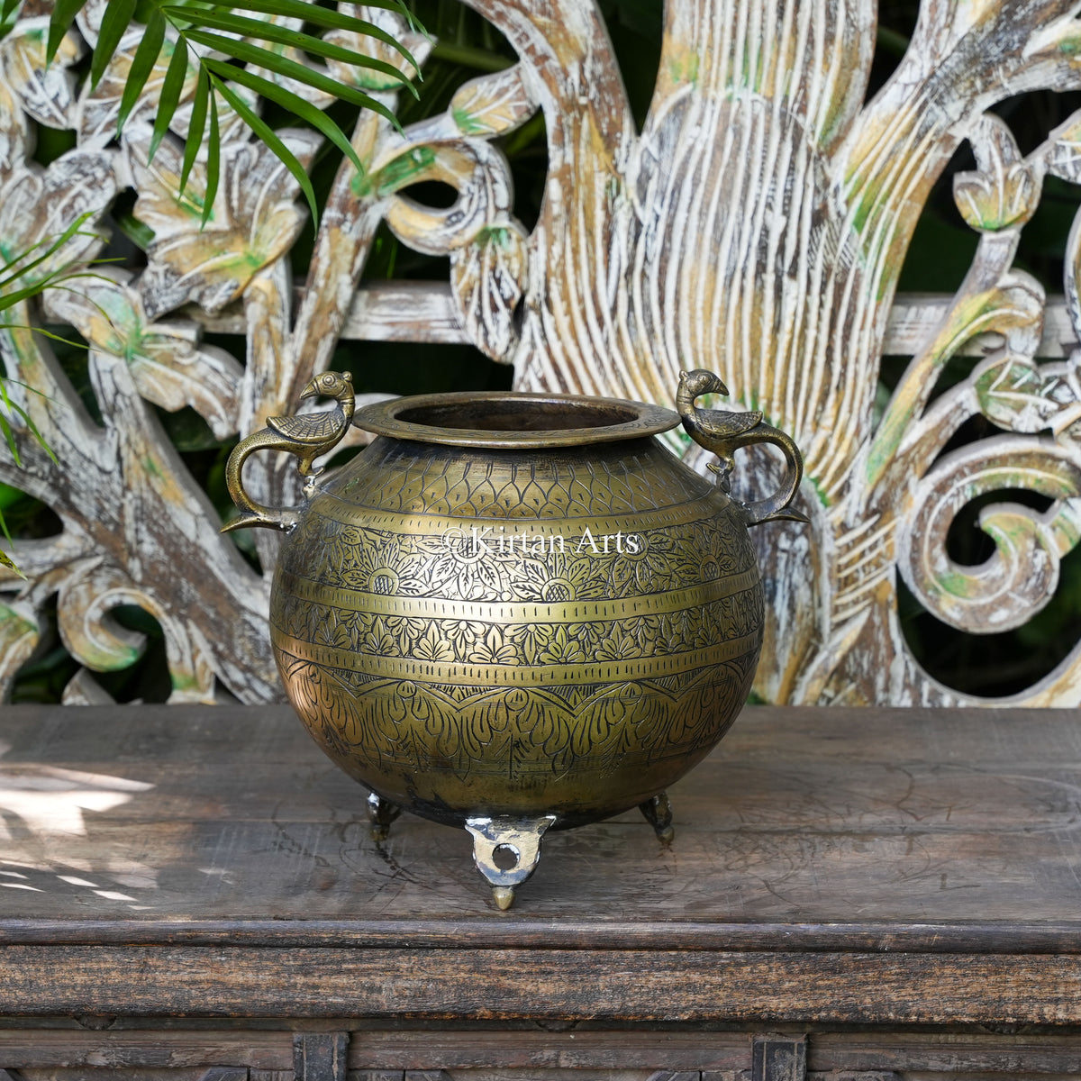 Brass Vintage Carved Pot with Peacock Handles 10"