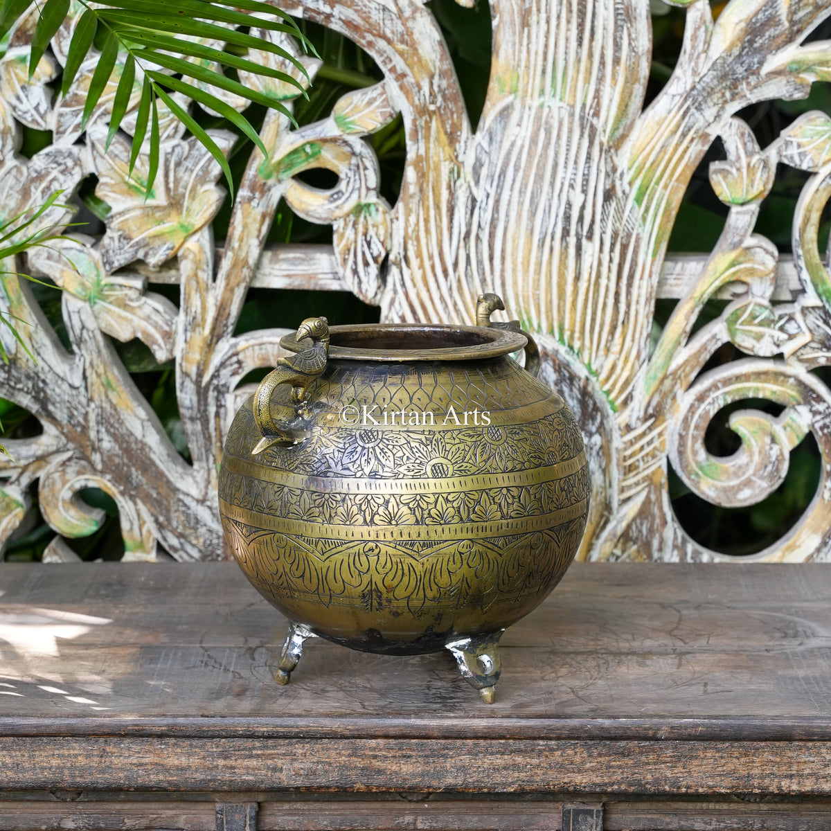 Brass Vintage Carved Pot with Peacock Handles 10"