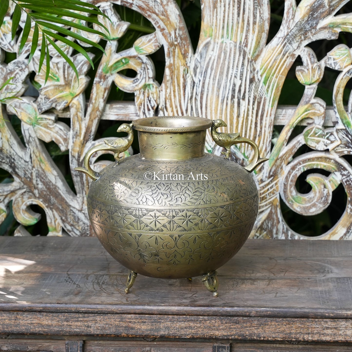 Brass Vintage Carved Globe Pot with Peacock Figures 11"