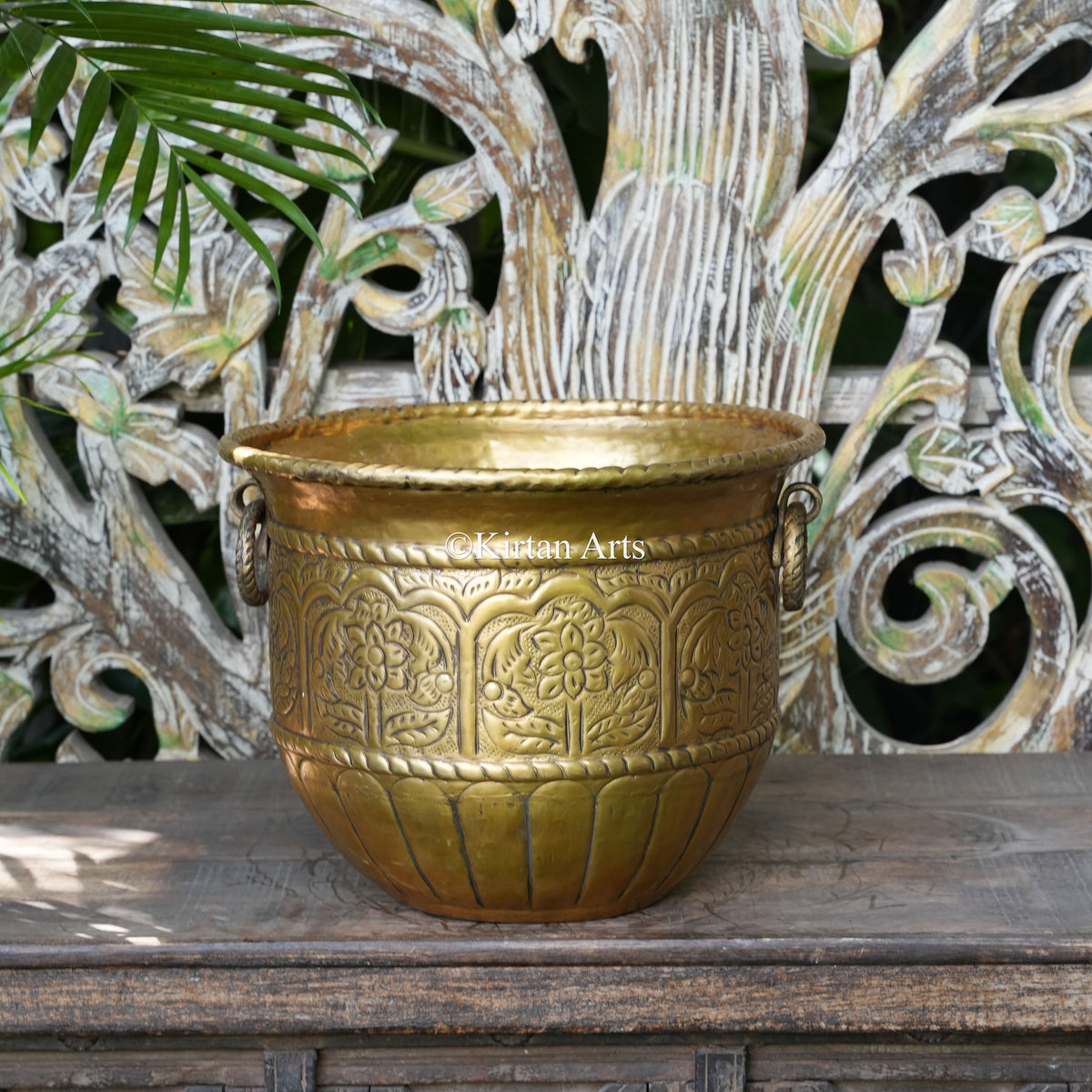 Embossed Brass Pot with Floral Arch Panels 10" | Lightweight
