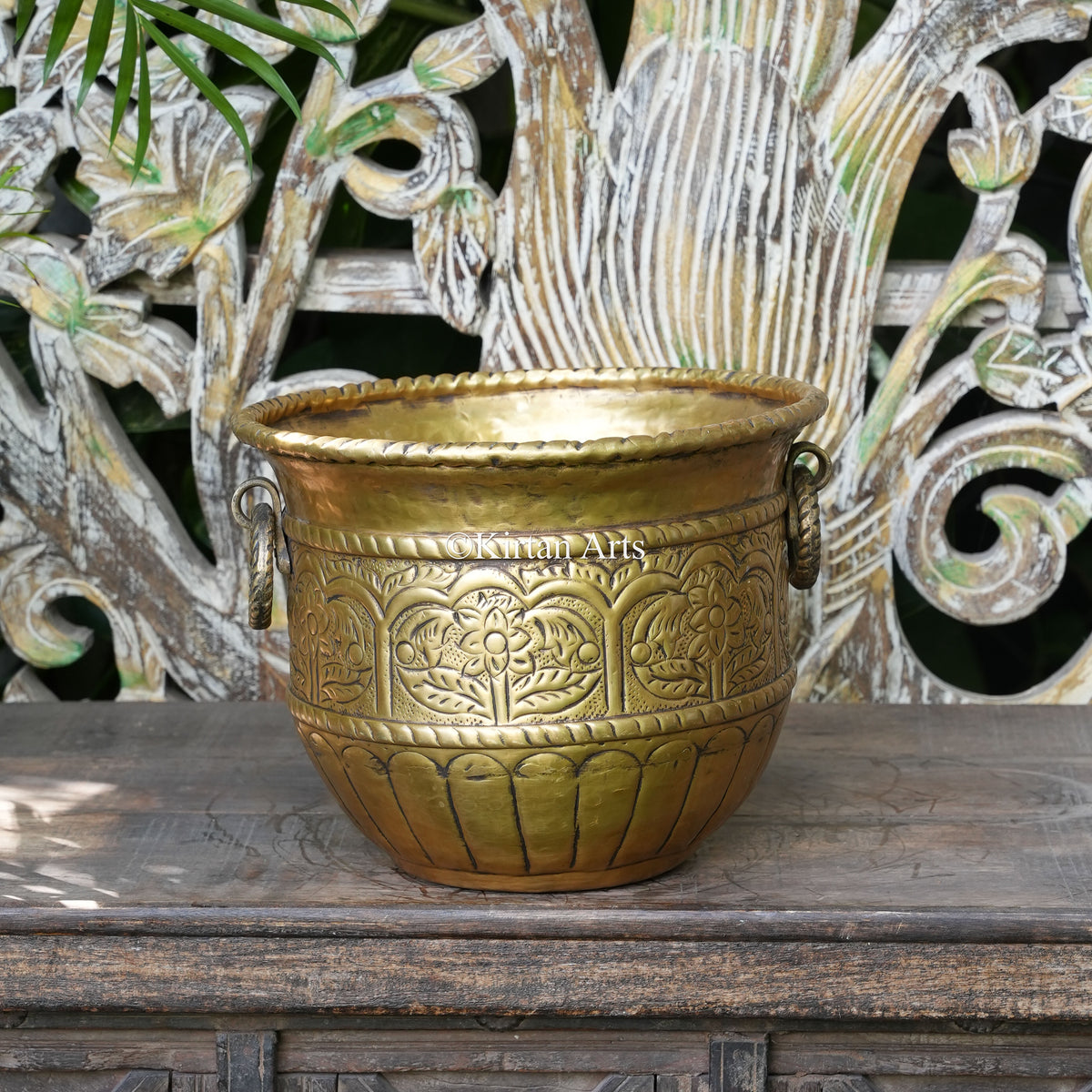 Embossed Brass Pot with Floral Arch Panels 9" | Lightweight