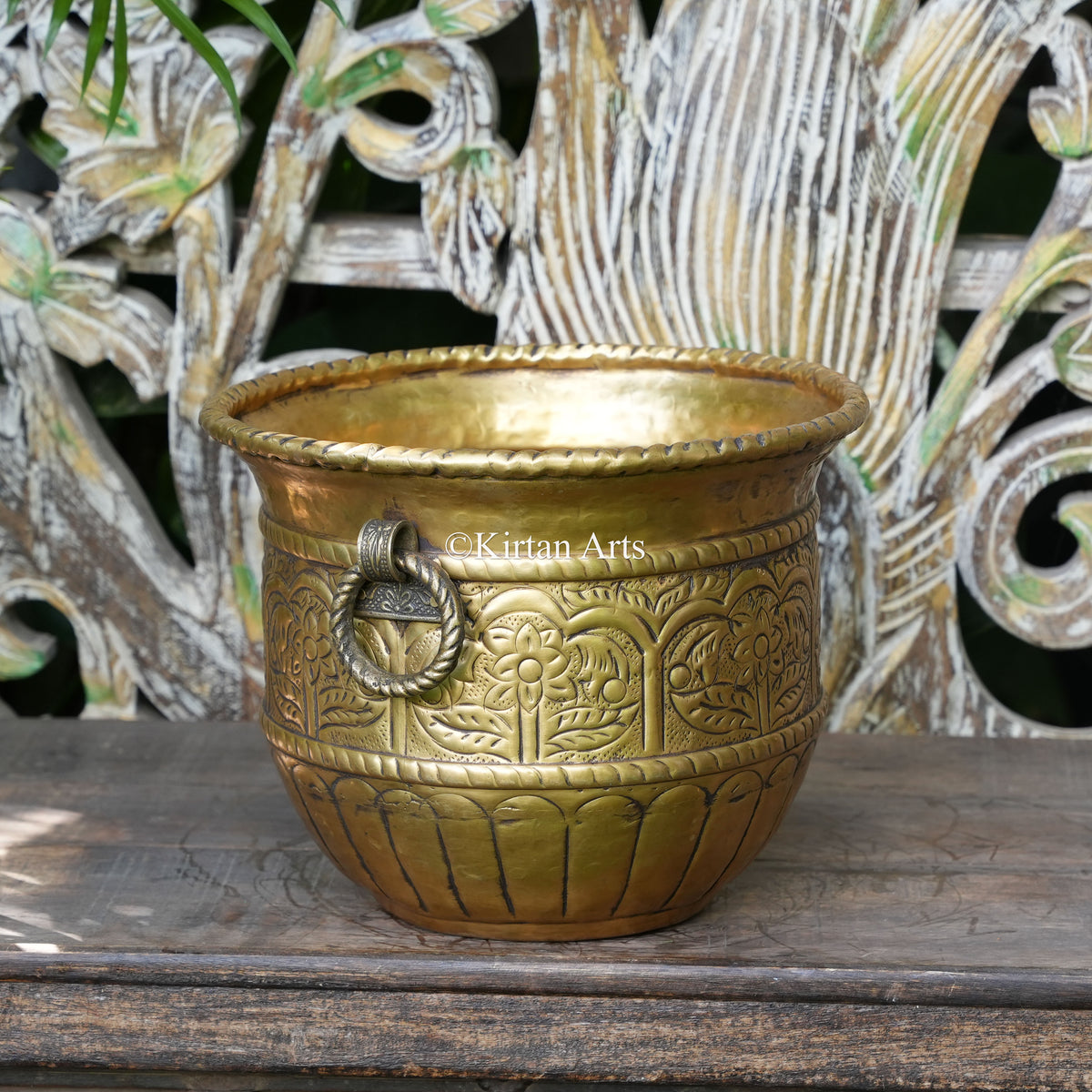 Embossed Brass Pot with Floral Arch Panels 9" | Lightweight