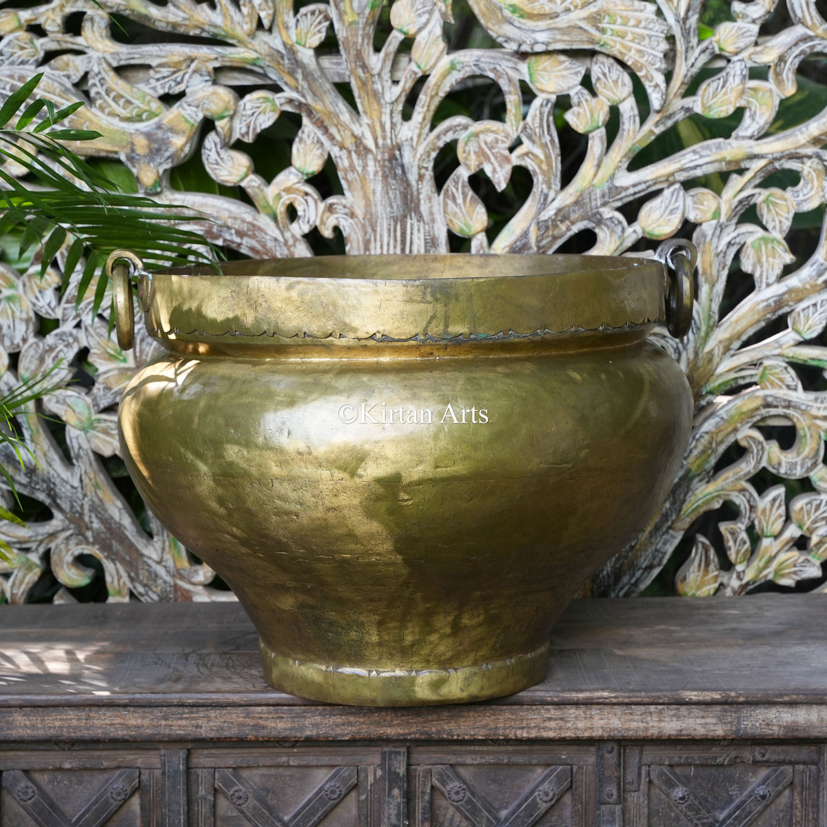 Large Antique Brass Tapered Bowl Planter with Ring Handles 18"