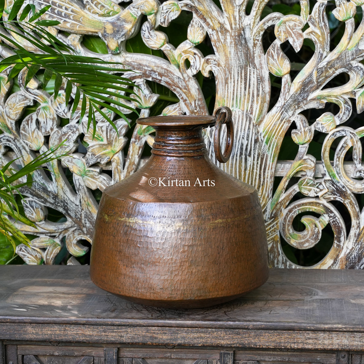 Handcrafted Antique Hammered Copper Pot with Ring Handle 16"