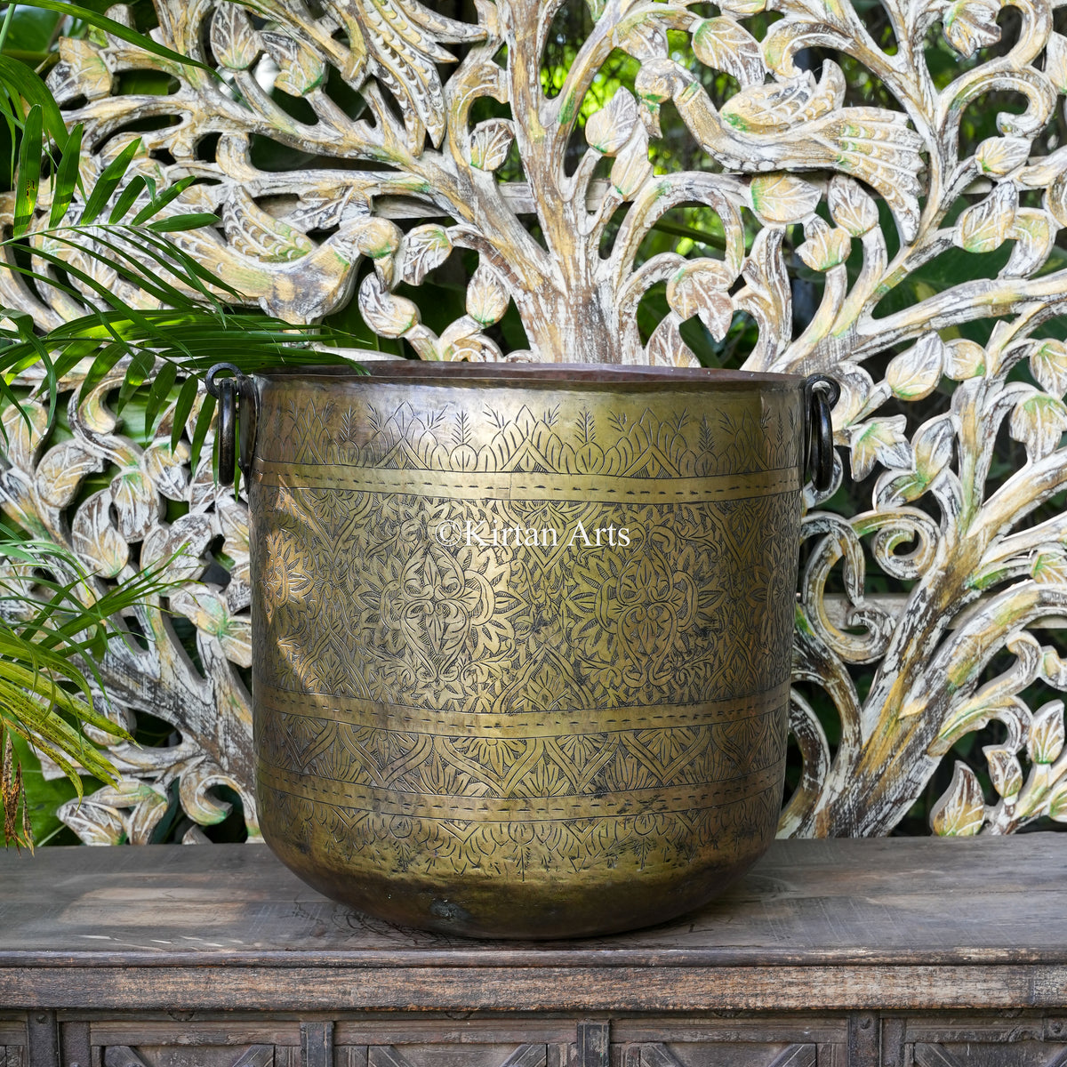 Large Brass Carved Cylindrical Planter with Ring Handles 18"
