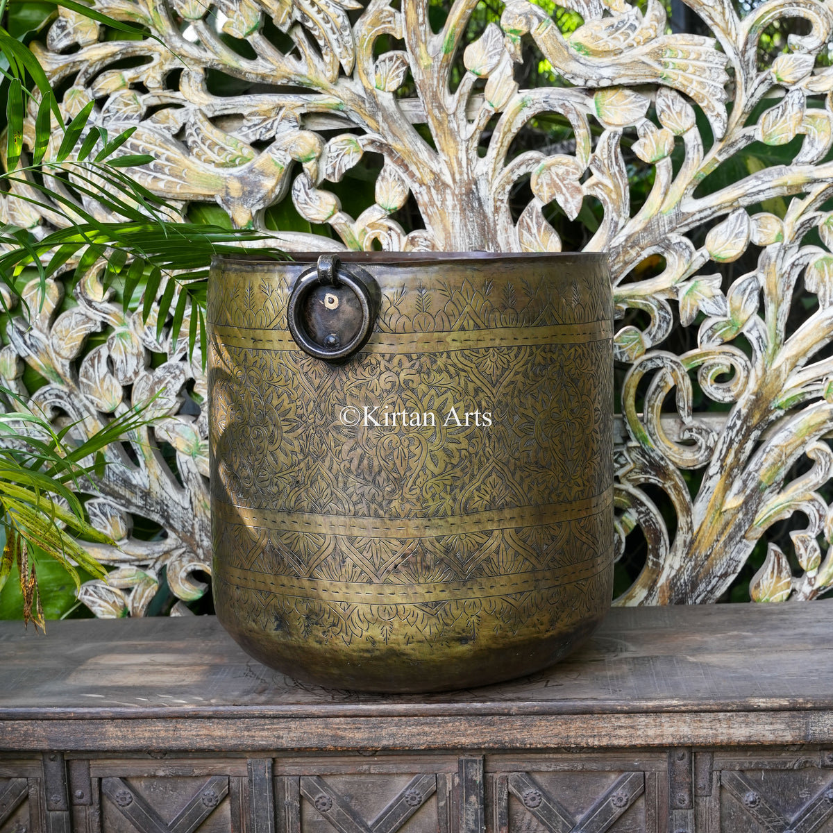 Large Brass Carved Cylindrical Planter with Ring Handles 18"