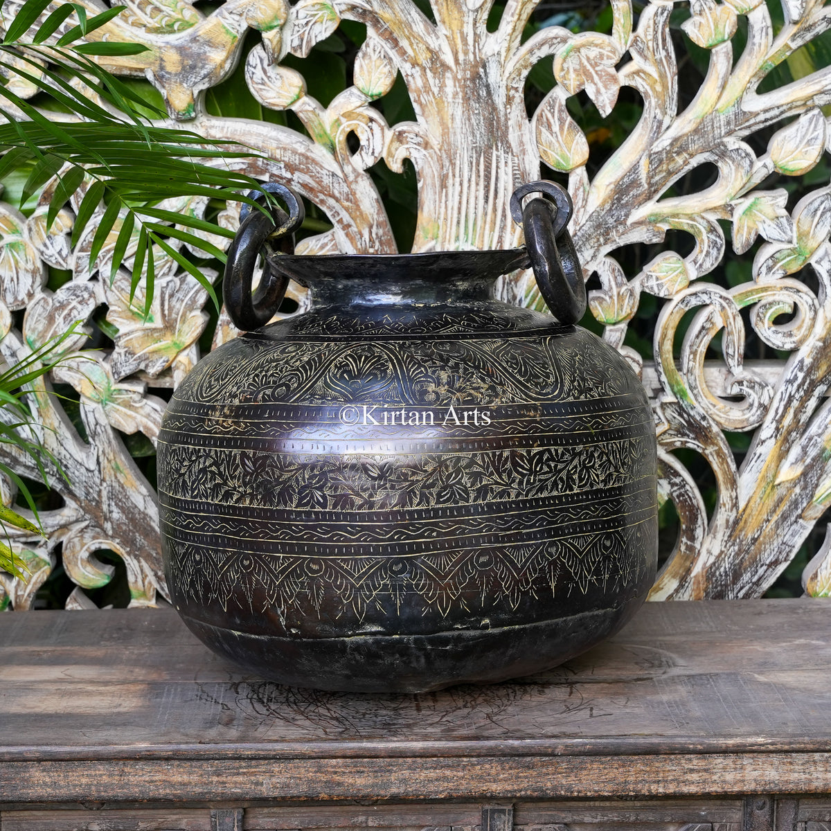 Dark Patina Brass Pot with Engraved Scrollwork and Ring Handles 19"