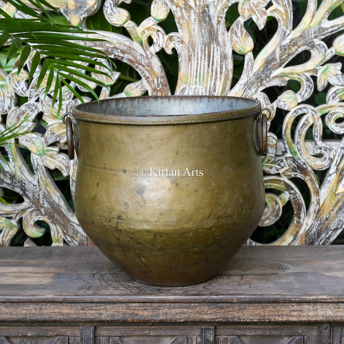 Antique Brass Bucket Planter with Beaded Rim 14"