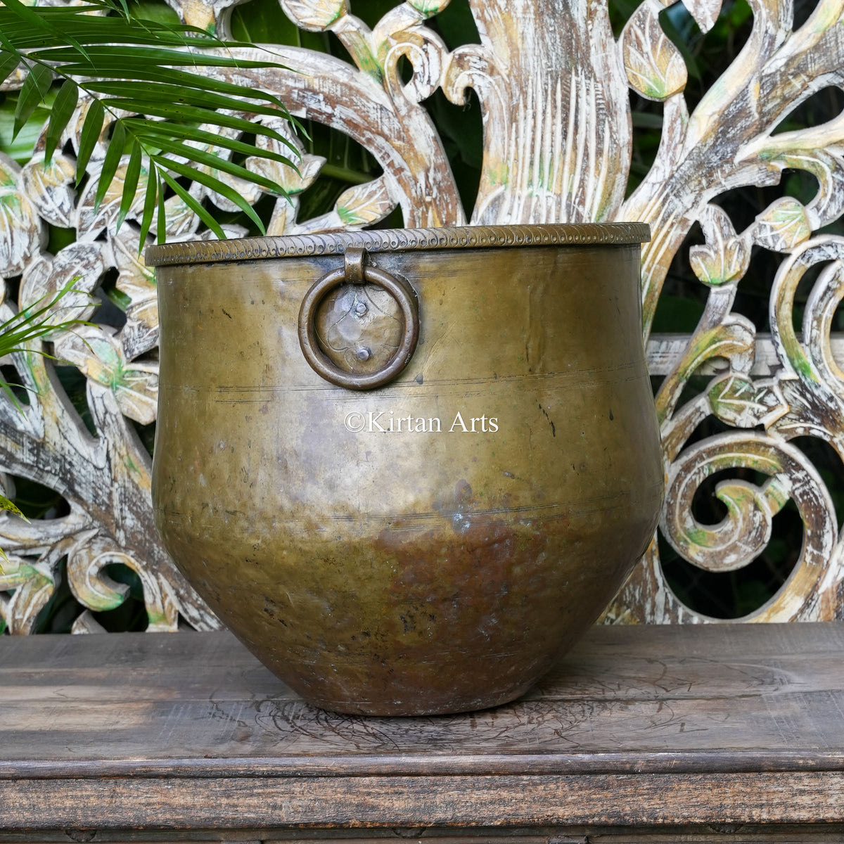 Antique Brass Bucket Planter with Beaded Rim 14"