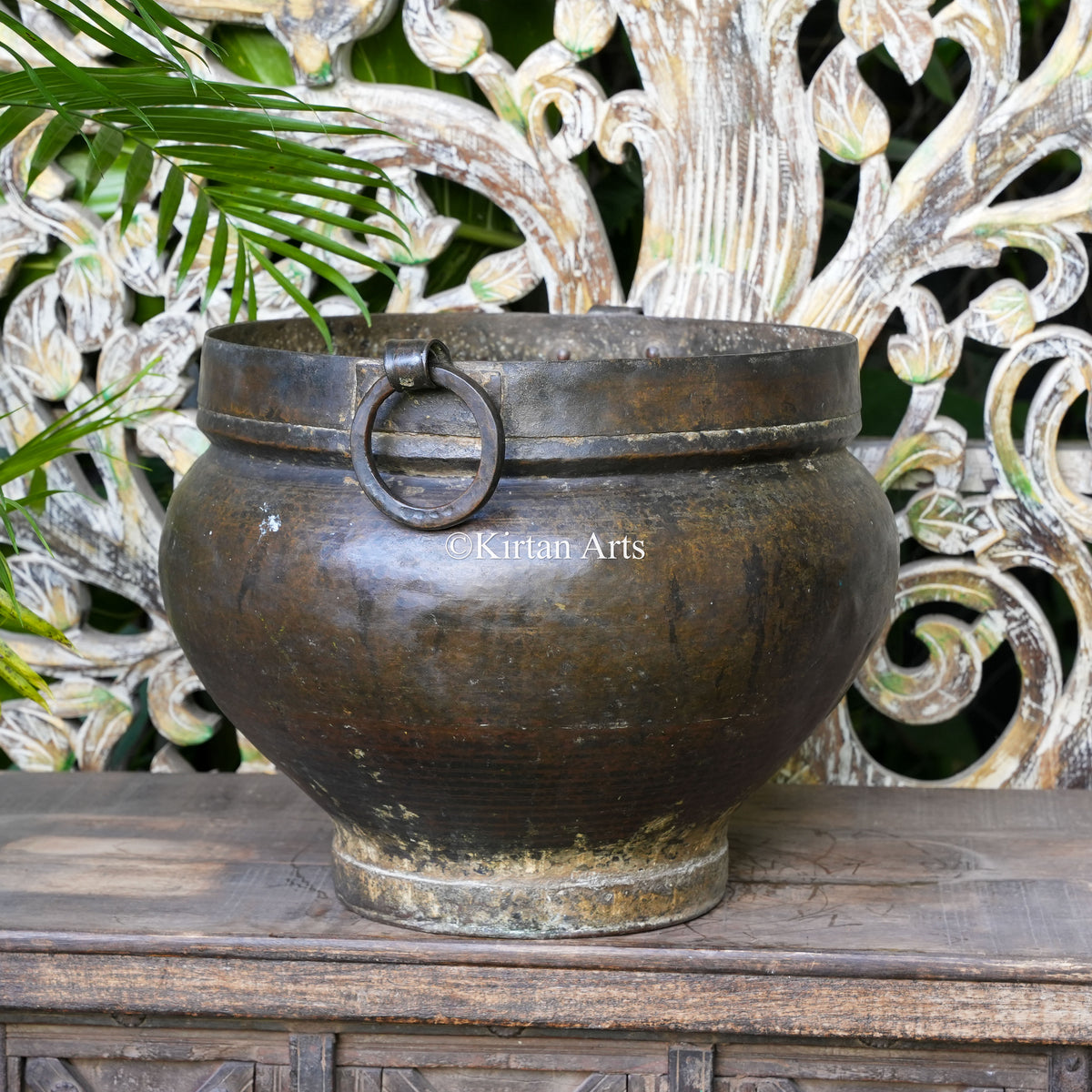Antique Dark Patina Brass Planter with Riveted Band 14"
