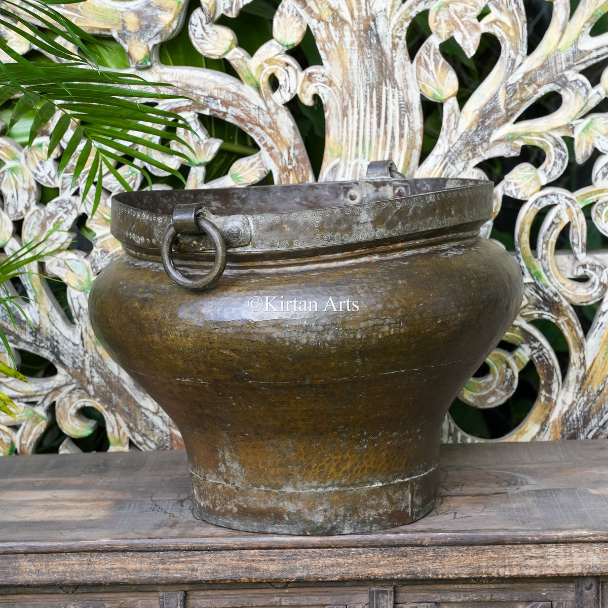 Antique Dark Patina Brass Planter with Riveted Band 15"