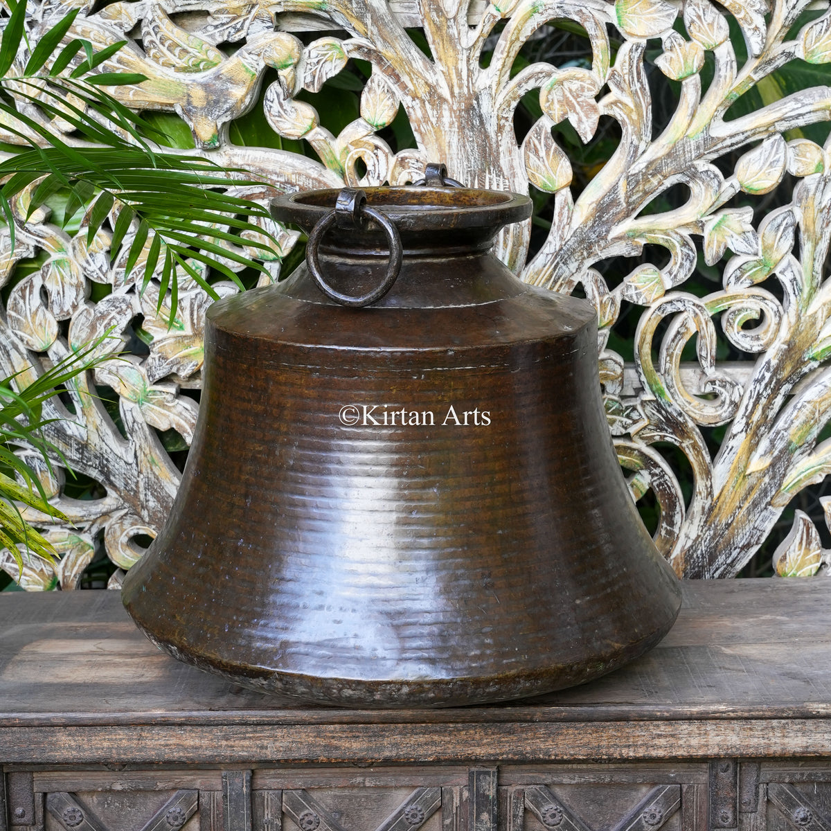 Antique Brass Conical Urn with Ribbed Body and Ring Handles 19"