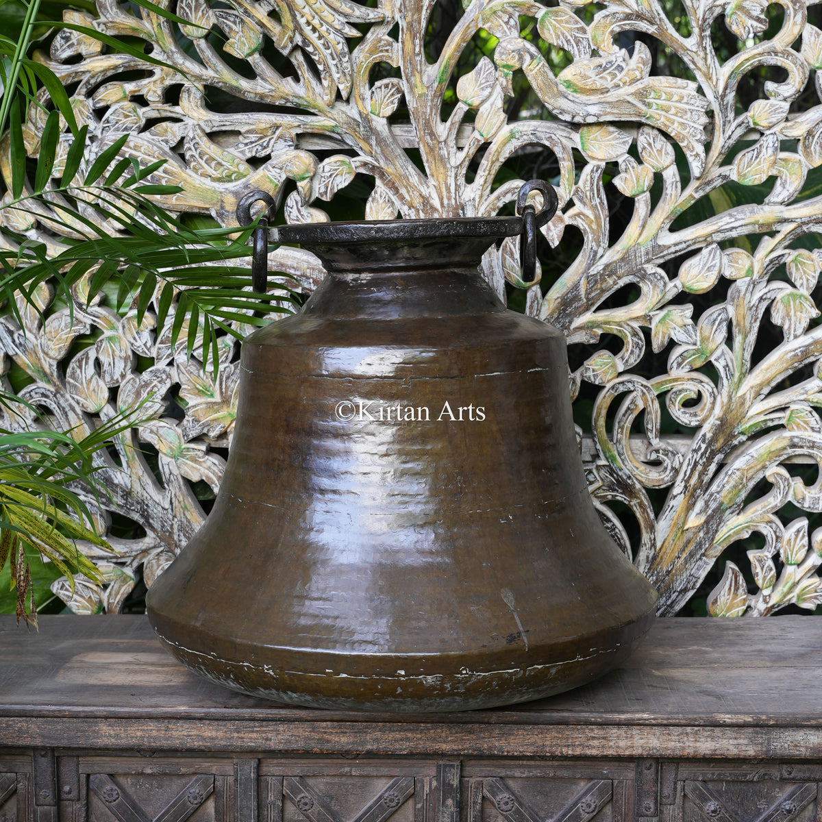 Antique Copper Bell-Shaped Urn with Iron Loop Handles 23"