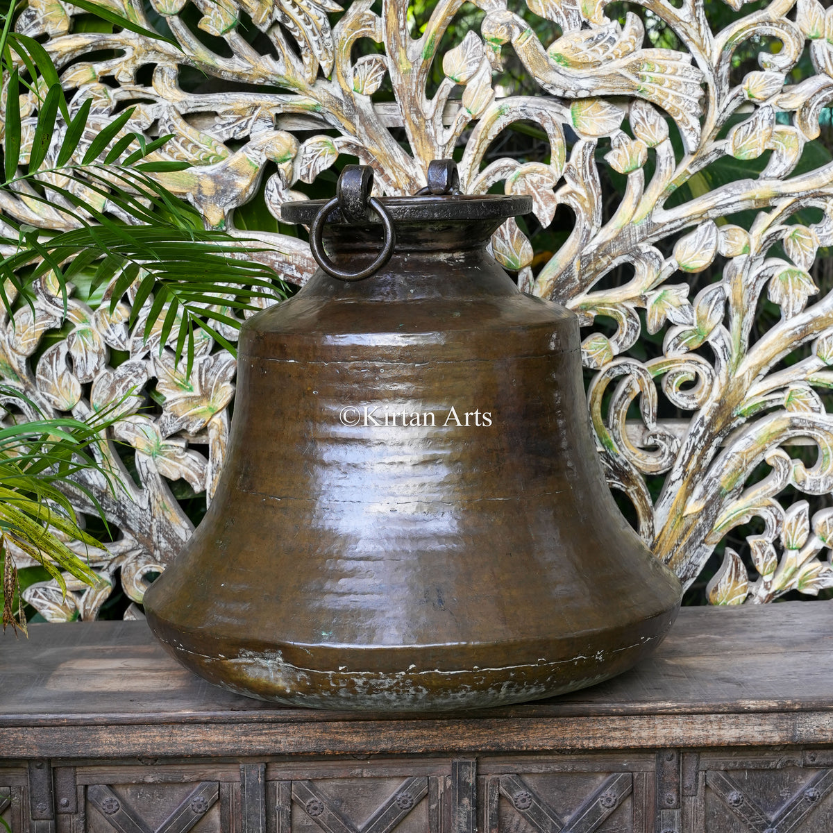 Antique Copper Bell-Shaped Urn with Iron Loop Handles 23"