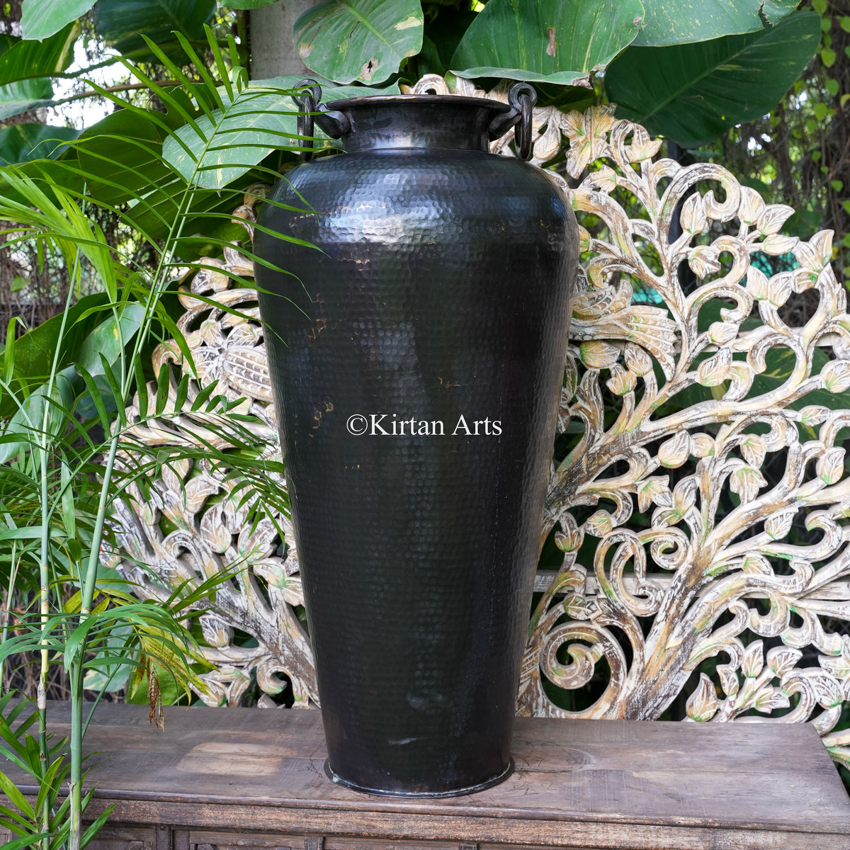 Tall Hammered Brass Planter with Ring Handles 31"