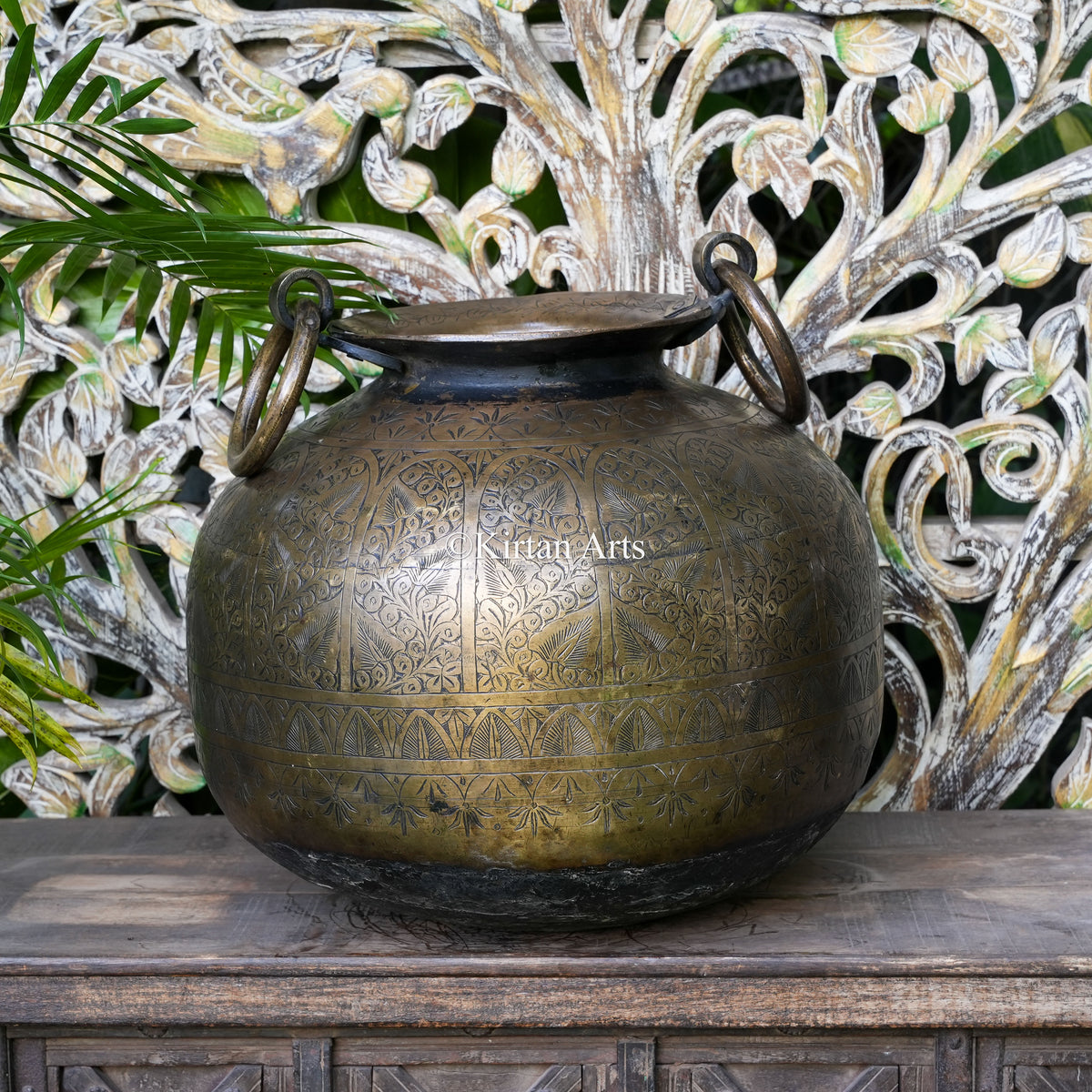 Hand-Engraved Brass Bulbous Planter with Ring Handles 20"