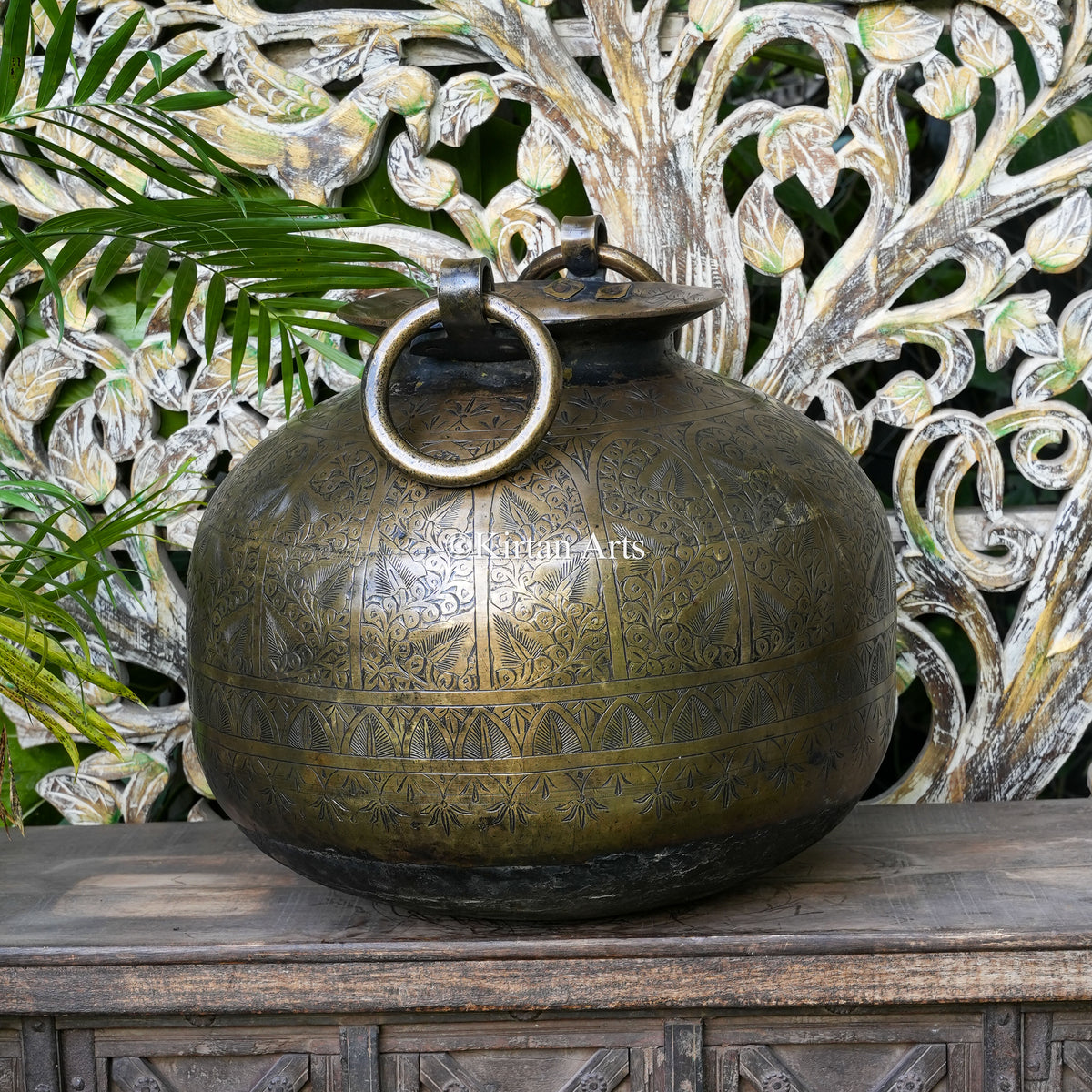 Hand-Engraved Brass Bulbous Planter with Ring Handles 20"