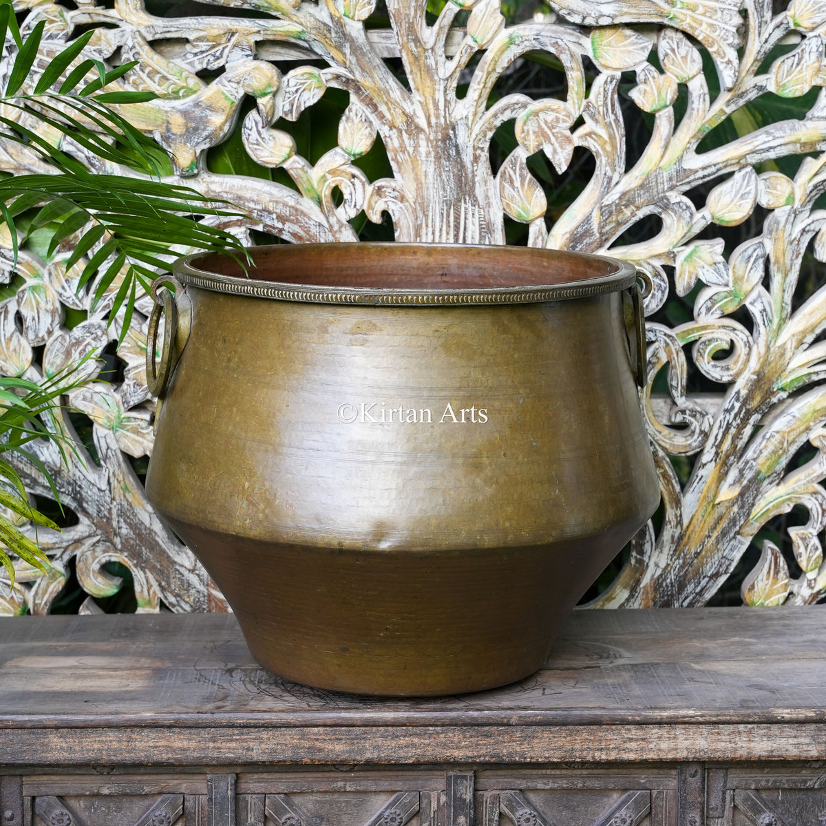 Antique Brass Cauldron-Style Pot with Beaded Rim and Ring Handles 16"