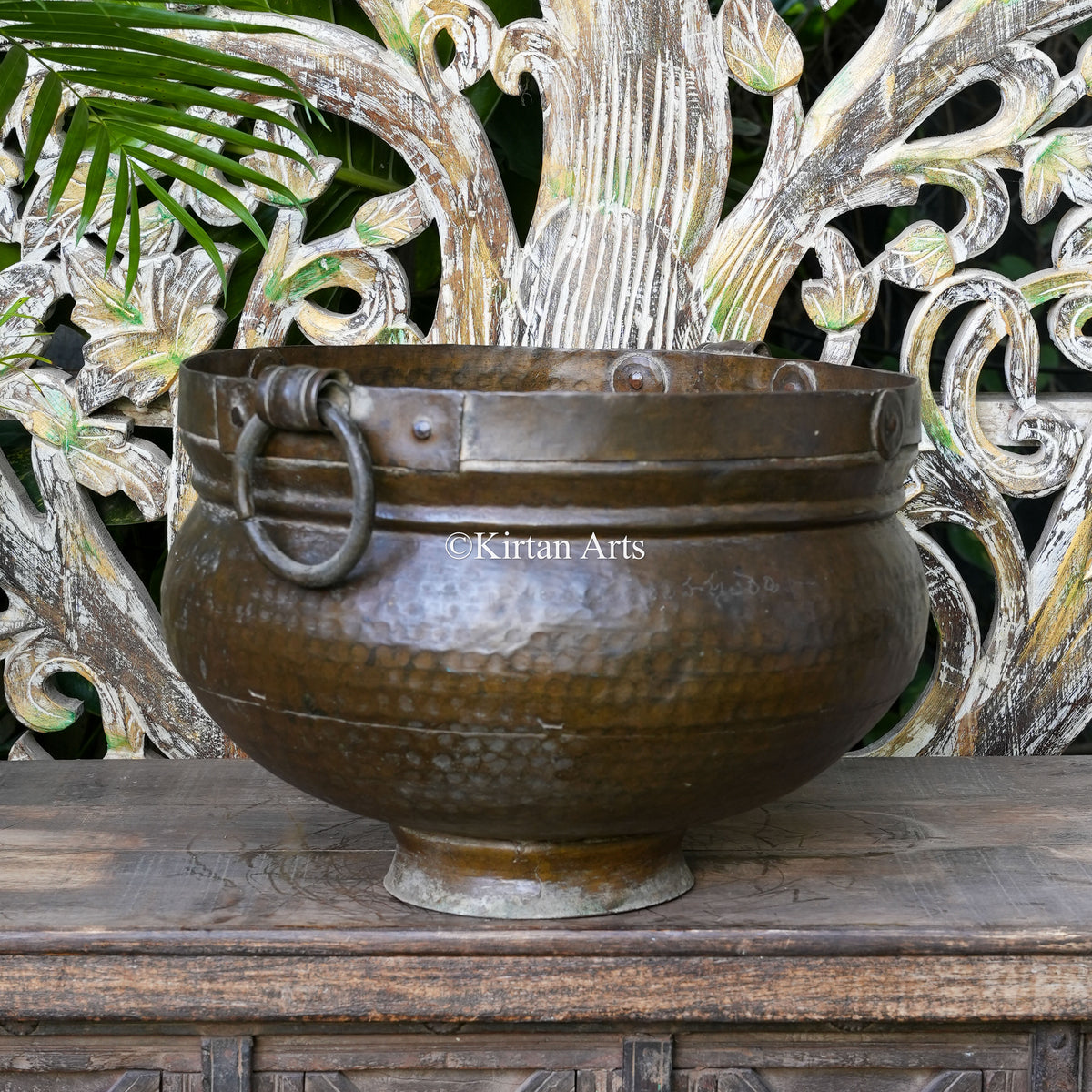 Antique Brass Cauldron Planter with Riveted Band 11.5"