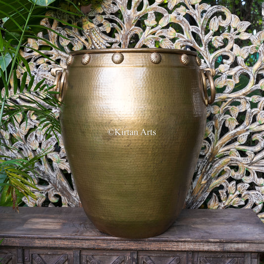 Large Hammered Brass Planter with Rosette Studs and Ring Handles 29"