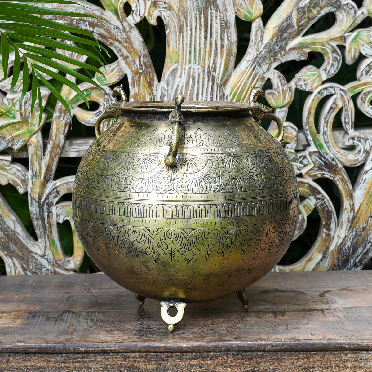 Hand-Engraved Brass Pot with Peacock Handles 14"