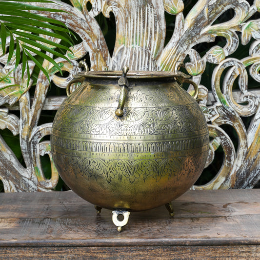 Hand-Engraved Brass Pot with Peacock Handles 14"